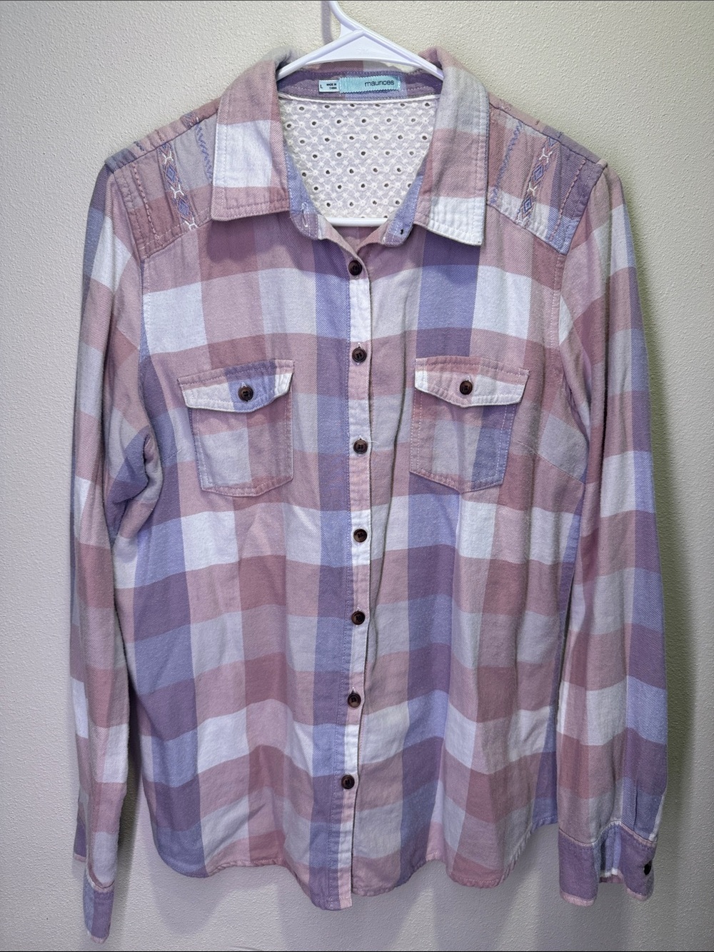 Maurices Pink and Lavender Plaid Button-Up Shirt